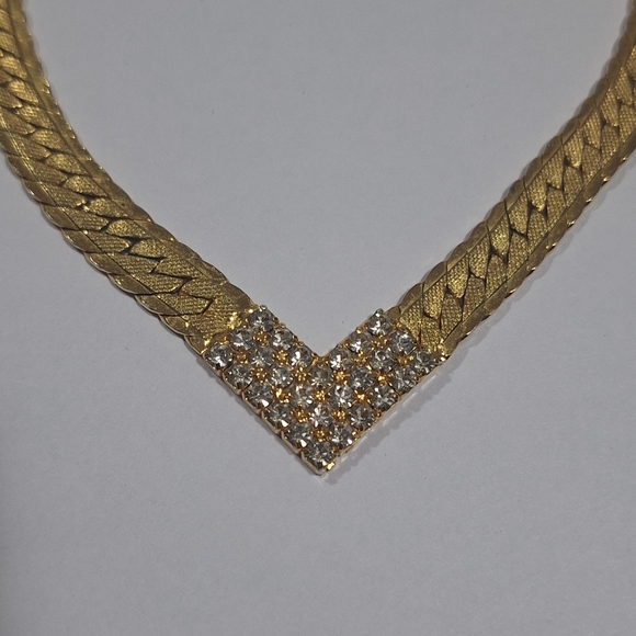Vtg Gold Tone Clear Rhinestones Cocktail Collar Necklace 16.5" Foldover Clasp - Picture 9 of 14
